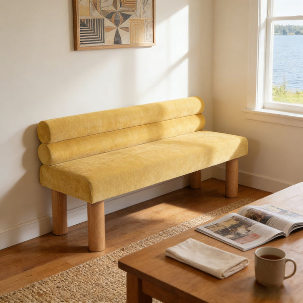 English Elm Upholstered Dining and Entryway Bench with Rubberwood Legs Padded Seat 300 Lb Capacity Natural,Yellow N779P371712Y