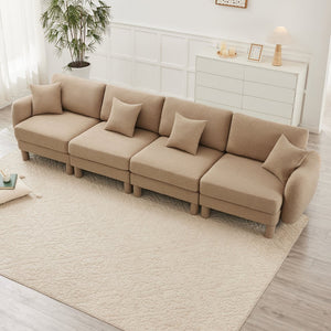 English Elm Boucle 4-Seater Sofa With Shell Armrests & Cylindrical Legs, Coffee Color - Plush Comfort & Style W3041S00287