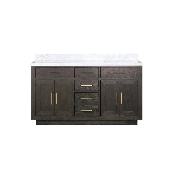 English Elm Brown Oak Double Bath Vanity With Carrara Marble Top - 60" W X 22" D, Fully Assembled Elegance B2731P257730