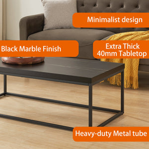 English Elm 47" Faux Stone Slab Coffee Table with Powder-coated Steel Frame for Modern Loft Living Black Marble-Look Sintered Stone W3151P400579