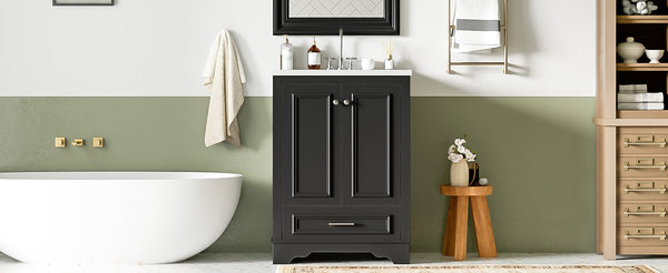 English Elm 24'' Bathroom Vanity with Ceramic Sink Combo Modern Freestanding MDF Cabinet with Soft-Close Doors and Sleek Silver Handles for Spacious Organized Bathroom Storage Black N710P194893B