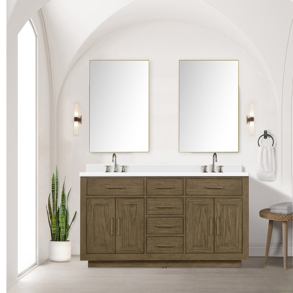 English Elm Grey Oak Double Bath Vanity Set With White Quartz Top & 28” Mirrors - Modern, Durable & Spacious Design B2731S01535