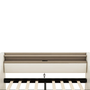 English Elm Twin Size Daybed With Storage Drawers, Led Lights & Charging Station – Stylish Beige Upholstered Design W1580S00022-GIGA