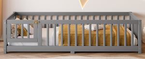 English Elm Twin Twin Size Floor Bed with Safety Guardrails and Playful Door for Kids, Pine/Plywood, Low Profile Gray W1580P338948