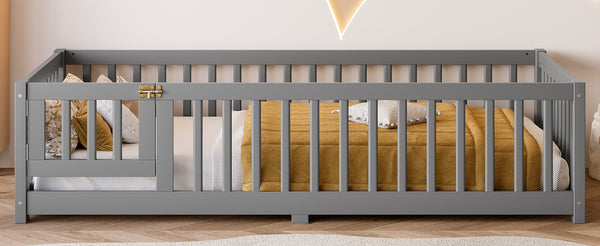 English Elm Twin Twin Size Floor Bed with Safety Guardrails and Playful Door for Kids, Pine/Plywood, Low Profile Gray W1580P338948