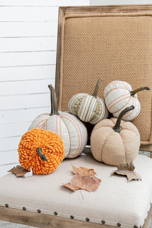 English Elm Set Of 2 Fabric Weighted Pumpkins - Natural Beige Fall Decor For Thanksgiving & Harvest Vignettes W2078P246680-GIGA