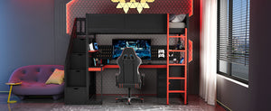 English Elm Full Size Gaming Loft Bed with Led Lighting Desk Shelves and Usb Charging Ports N820S00070J