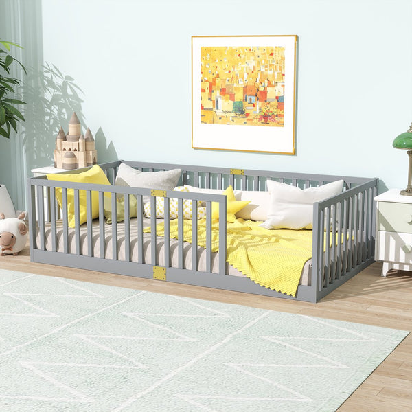 English Elm Twin Floor Bed Solid Rubber Wood with Tall Safety Railings for Toddler Sleep Grey W504P287642