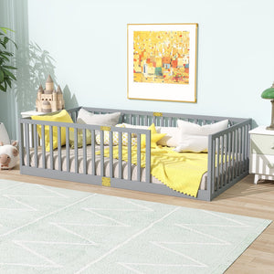 English Elm Twin House Frame Floor Bed Rubberwood with Roof Canopy and Safety Rails for Kids Grey W504P429529