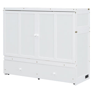 English Elm Full Size Wall Murphy Bed Cabinet with Storage Drawer and Built-in Usb Charging White N708P205903K