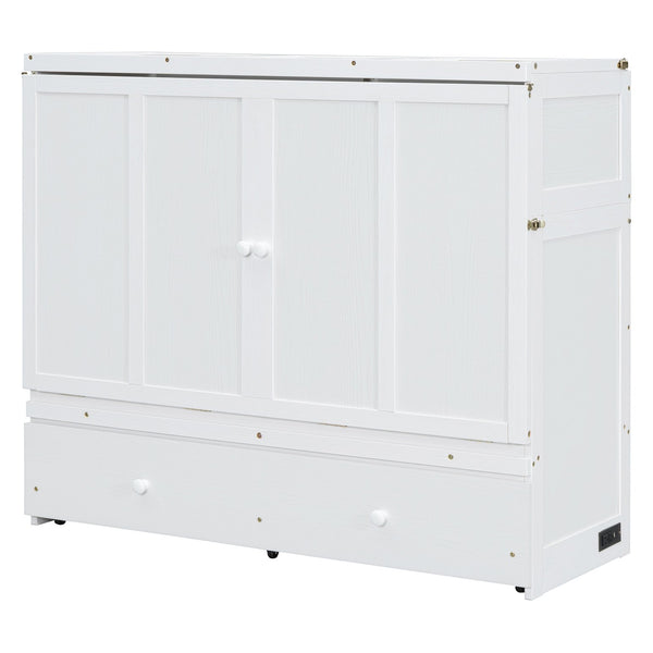 English Elm Full Size Wall Murphy Bed Cabinet with Storage Drawer and Built-in Usb Charging White N708P205903K