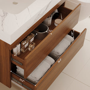 English Elm 29.9" Floating Bathroom Vanity Sintered Stone Top Soft Close Drawers Bronze Gold Hardware W3136S00041