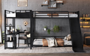 English Elm L-shaped Metal Triple Bunk Bed with Slide Desk and Storage for Shared Kids Rooms W1580S00568