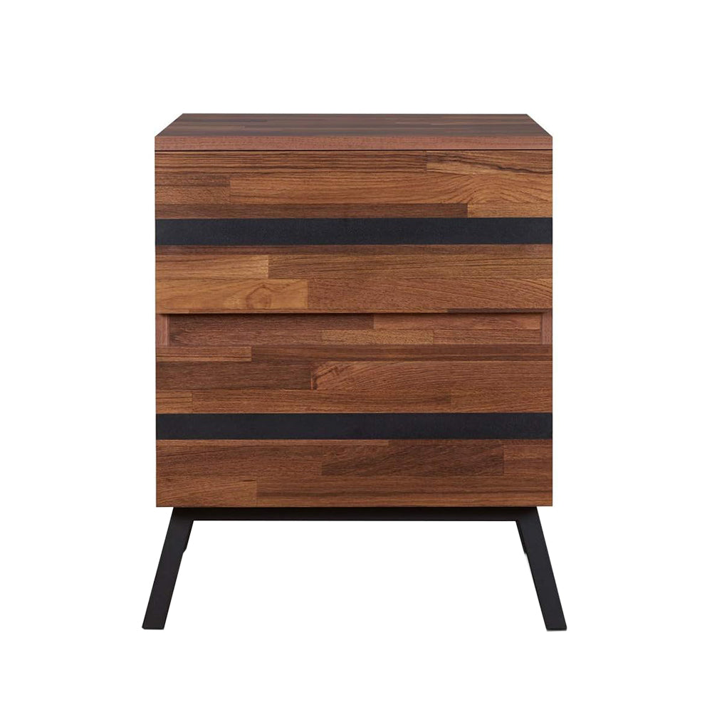 English Elm 2 Drawer Nightstand Walnut Veneer with Sandy Black Metal Sloped Legs, Sleek Storage & Timeless Style B016P311063