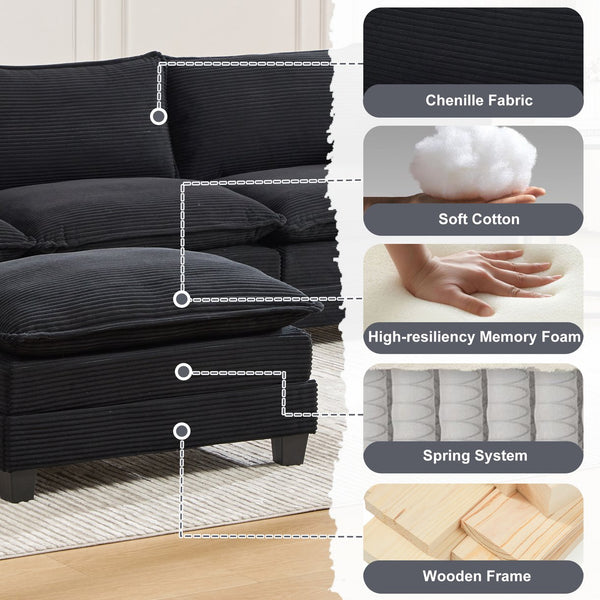 English Elm United We Win Modular Corduroy Sectional with Ottoman Low Profile Living Room Couch Black W1568S00260