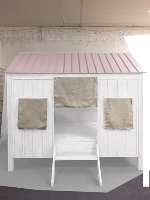 English Elm Spring Cottage Full Bed in White & Pink with 14-Slat No-Box-Spring Support, Fabric Curtains, Cozy Charm B2726S00143