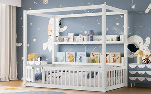 English Elm Twin House Floor Bed with Door and Full-Length Guardrails, Solid Wood Double Twin Floor Bed for Kids' Playful Rooms Light White W1580P359327