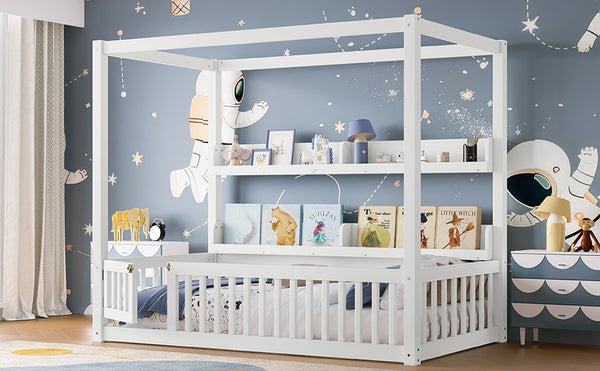 English Elm Twin House Floor Bed with Door and Full-Length Guardrails, Solid Wood Double Twin Floor Bed for Kids' Playful Rooms Light White W1580P359327