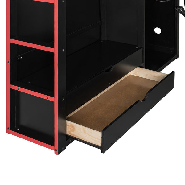 English Elm Full Size Gaming Loft Bed with Rgb Lighting Desk Wardrobe and Built-in Storage Red LT100261AAR