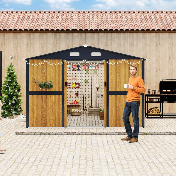 English Elm 10x12 Galvanized Steel Outdoor Shed with Lockable Entry Windows and Sloped Roof W1598S00032