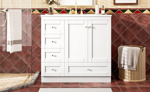 English Elm 36 Inch Shaker Bathroom Vanity with Ceramic Sink Four Soft Close Drawers White Mdf N729P414619K