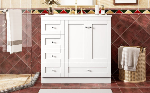 English Elm 36 Inch Shaker Bathroom Vanity with Ceramic Sink Four Soft Close Drawers White Mdf N729P414619K