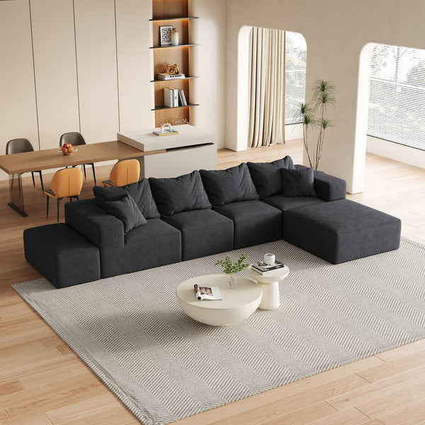 English Elm Modern Upholstered Sectional Sofa Set Modular 132" L-Shape Chenille Couch with 6 Pillows, No-Assembly Comfort and FlexibilityReadable? Black W834S00500