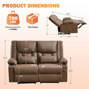 English Elm Recliner Loveseat with Massage Heat Pu Leather Dual Seating and Usb Charging Ports Brown W1521S00083
