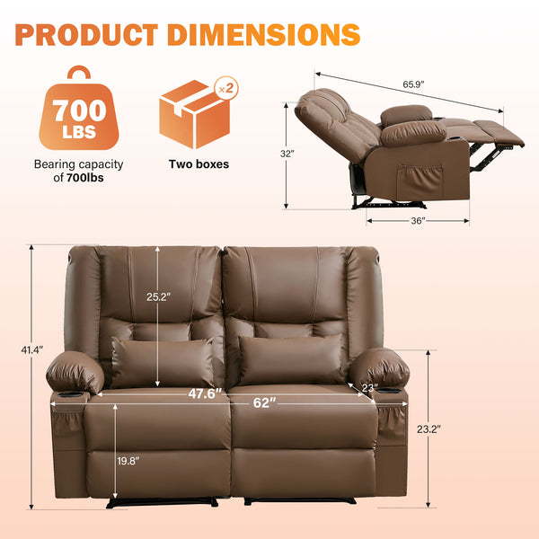 English Elm Recliner Loveseat with Massage Heat Pu Leather Dual Seating and Usb Charging Ports Brown W1521S00083