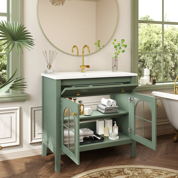 English Elm 35.6" Freestanding Bathroom Vanity with Roman Column Base and Ceramic Integrated Sink Green W1801S00014