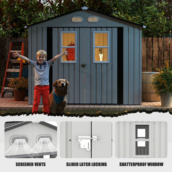 English Elm Outdoor Metal Storage Shed 8x8 Ft with Four Windows and Lockable Double Doors White W1598S00037
