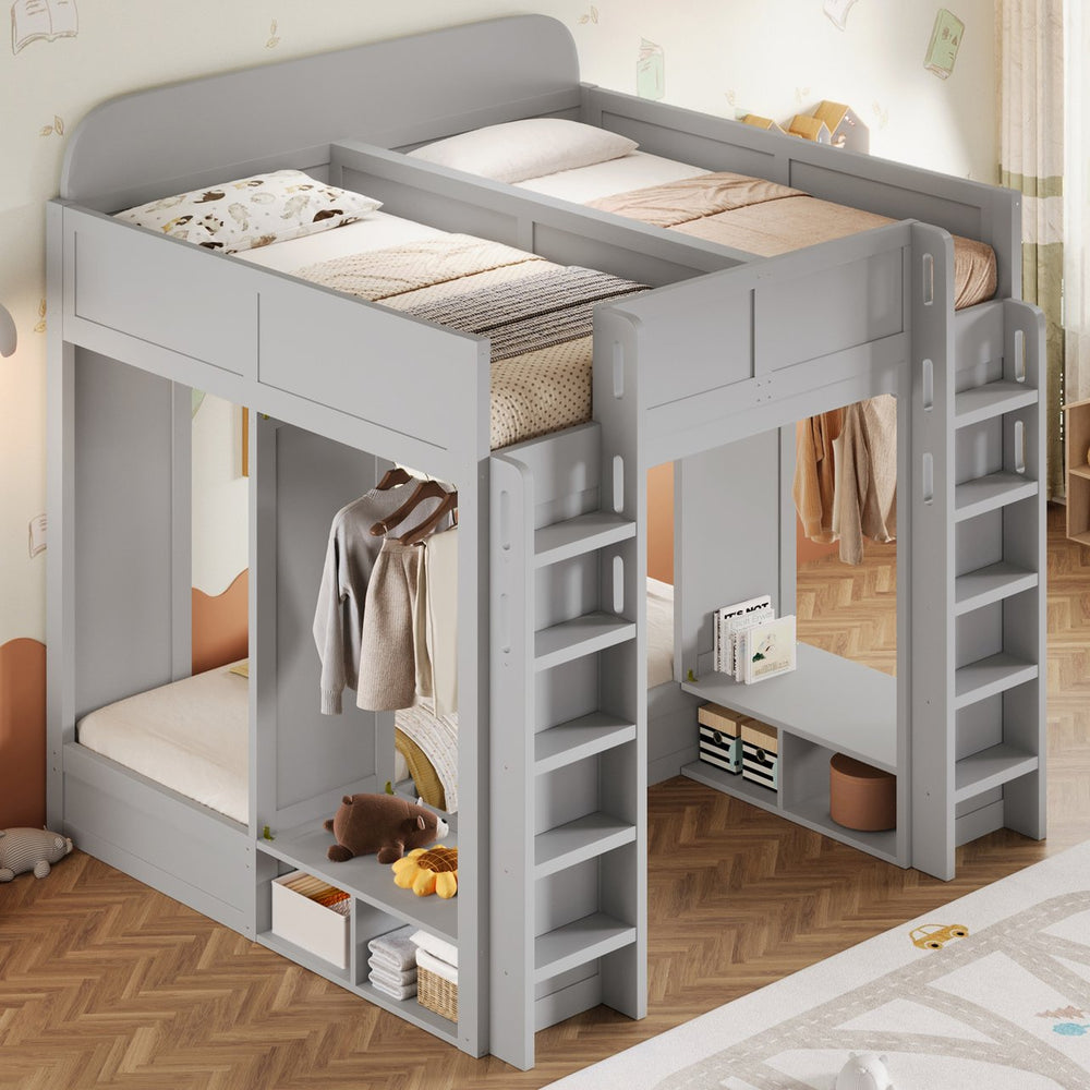 English Elm Triple Bunk Bed Wood Frame with Built in Shelves Hooks for Shared Kids Rooms Gray N7090004027E