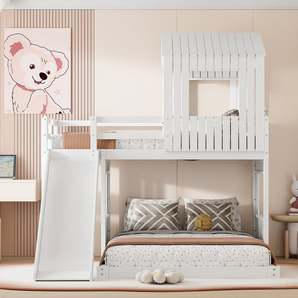English Elm Wooden Twin Over Full Bunk Bed Farmhouse Playhouse Slide Pinewood Kids Loft White LT000328AAK