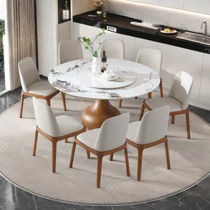 English Elm Modern Marble Dining Table with 59" Sintered Stone Top, 360° Lazy Susan, Durable Stain-Resistant Finish White,Wood W2699S00012