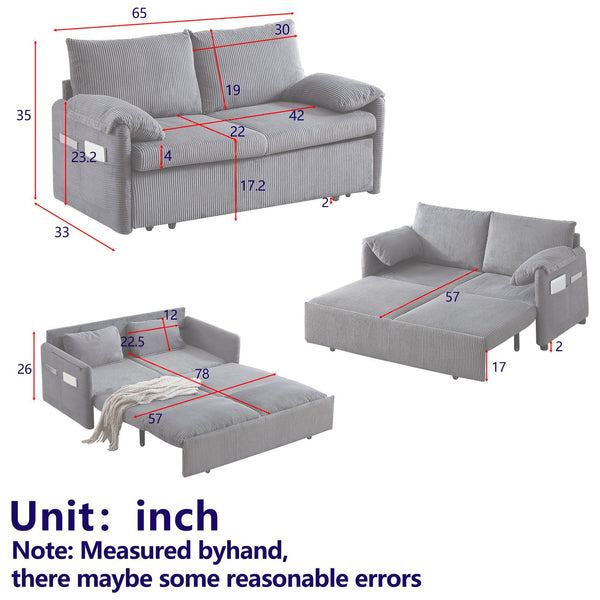 English Elm MH'' MH' 64.5 Inch Sleeper Sofa Bed with Corduroy Upholstery, Sturdy Wood & Iron Frame, 3-in-1 Convertible Comfort Beige W1193S00124