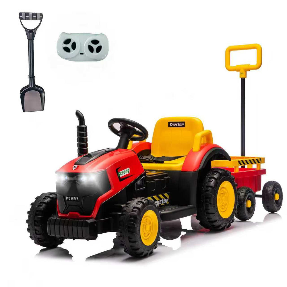 English Elm Kids 12v Electric Farm Tractor Ride on Toy with Detachable Trailer and Bluetooth Audio Red W3662P396662