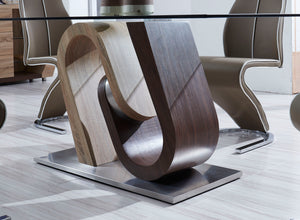 English Elm TONY Solid Wood Dining Table with Oak & Walnut Finish, Geometric Design, Chrome Accents, Stainless Base Brown+Beige 35.24 L x 30.12 W x 13.78 H B201S00029