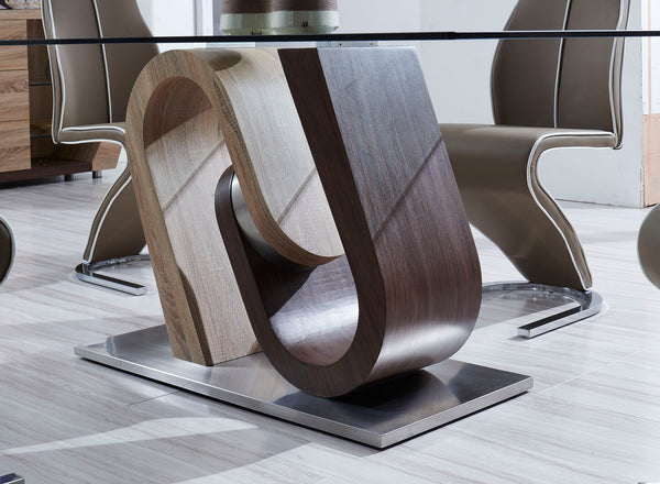 English Elm TONY Solid Wood Dining Table with Oak & Walnut Finish, Geometric Design, Chrome Accents, Stainless Base Brown+Beige 35.24 L x 30.12 W x 13.78 H B201S00029