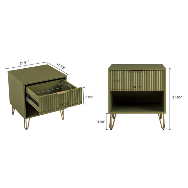 English Elm Dumbo Olive Green Fluted Nightstand With Gold Accents - Chic 1-Drawer Storage For Small Spaces B365P398153