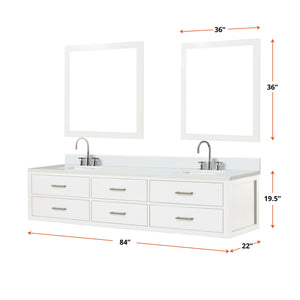 English Elm White Double Bath Vanity 84 in W x 22 in D with White Quartz Top, Chrome Faucets & Dual 36" Mirrors B2731S01844