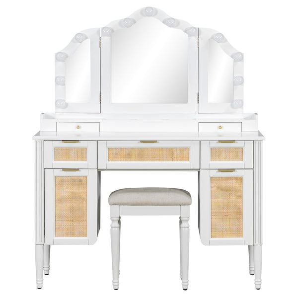 English Elm 44.37 Inch Hollywood Led Vanity Desk Tri-fold Mirror Bamboo Drawers Bedroom White N704P342558K