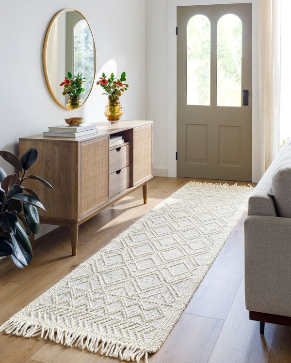 Livabliss Casa Decampo Handwoven New Zealand Wool Flatweave Rug Farmhouse Bohemian Fringe Ivory, Black 8'10" x 12' CDC2301-81012