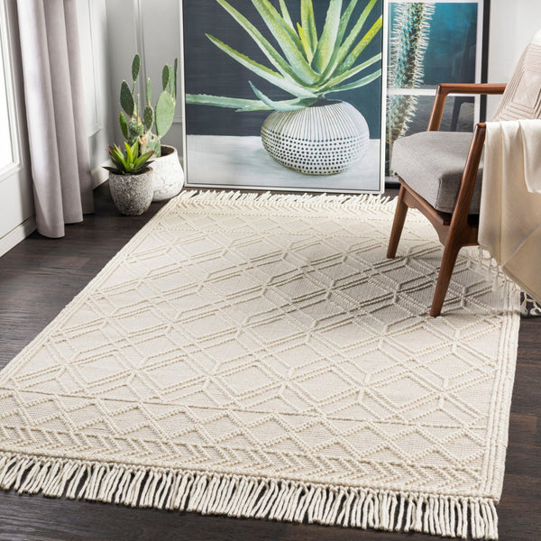 Livabliss Casa Decampo Handwoven New Zealand Wool Flatweave Rug with Fringe Farmhouse Accent Ivory, Light Be 27" x 45" CDC2302-2339