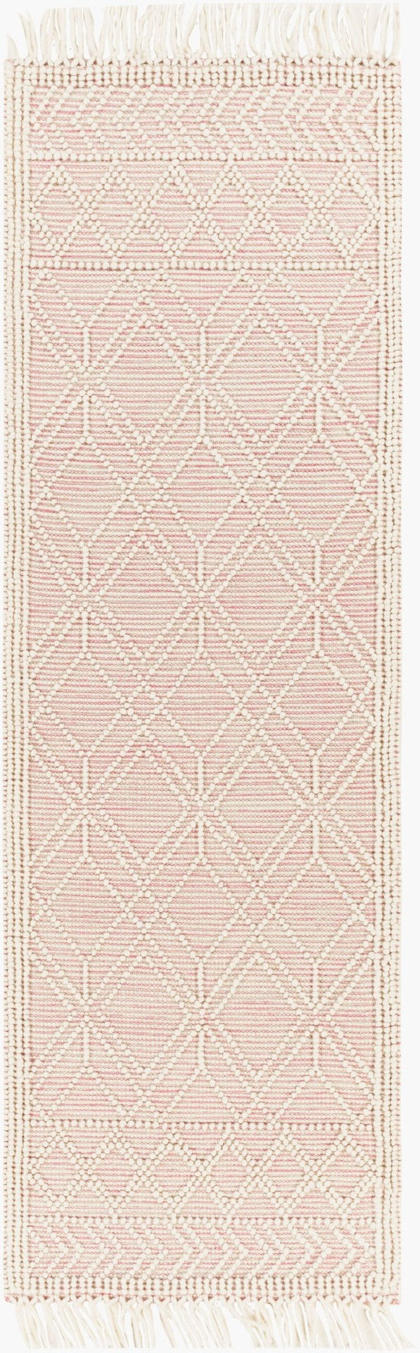 Livabliss Casa Decampo Handmade Wool Flatweave Accent Rug Bohemian Farmhouse Fringe Detail Ivory, Pink 2'6" x 8' CDC2303-268
