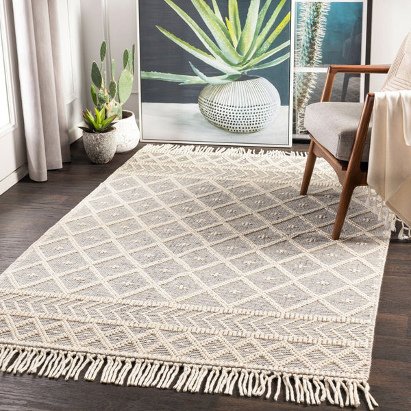 Livabliss Casa Decampo Handwoven New Zealand Wool Rug with Fringe for Cottage Boho Spaces Ivory, Charcoal 8'10" x 12' CDC2304-81012