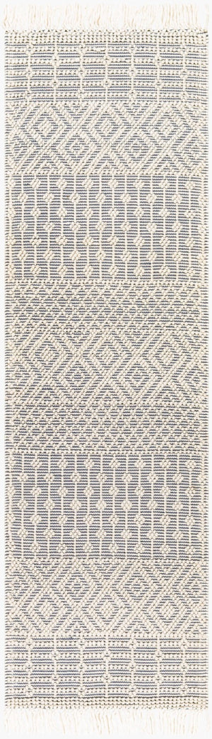 Livabliss Casa Decampo Handwoven Wool Accent Rug with Fringe Bohemian Artisan Floor Textile White, Denim 2'6" x 8' CDC2305-268