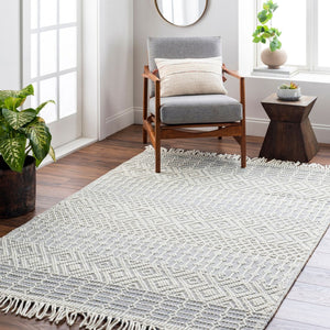 Livabliss Casa Decampo Handwoven Wool Accent Rug with Fringe Bohemian Artisan Floor Textile White, Denim 8'10" x 12' CDC2305-81012
