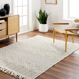 Livabliss Casa Decampo Handwoven Wool Accent Rug Artisan Fringed High-low Texture Boho Decor Ivory, Light Gr 5' x 7'6" CDC2309-576