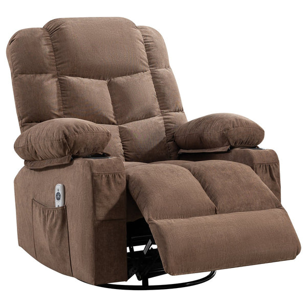 English Elm Oversized Swivel Recliner with Massage Heating Linen Upholstery and Usb Port Brown W1521P411662