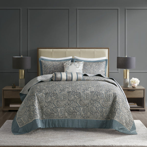 English Elm 5 Piece Jacquard Bedspread Set with Throw Pillows Queen Paisley Pattern Grey-Trimmed Quilted Luxury Teal 18.11 L x 22.83 W x 8.27 H B035P148360